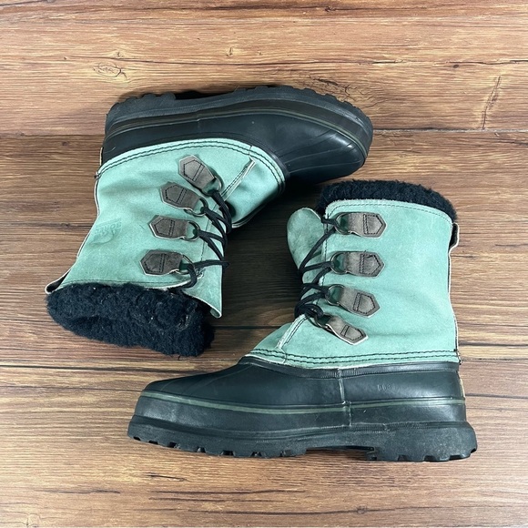 SOREL Caribou Green Leather Snow Boots Winter Shoes Women’s Size 9 Lace Up - Picture 3 of 10
